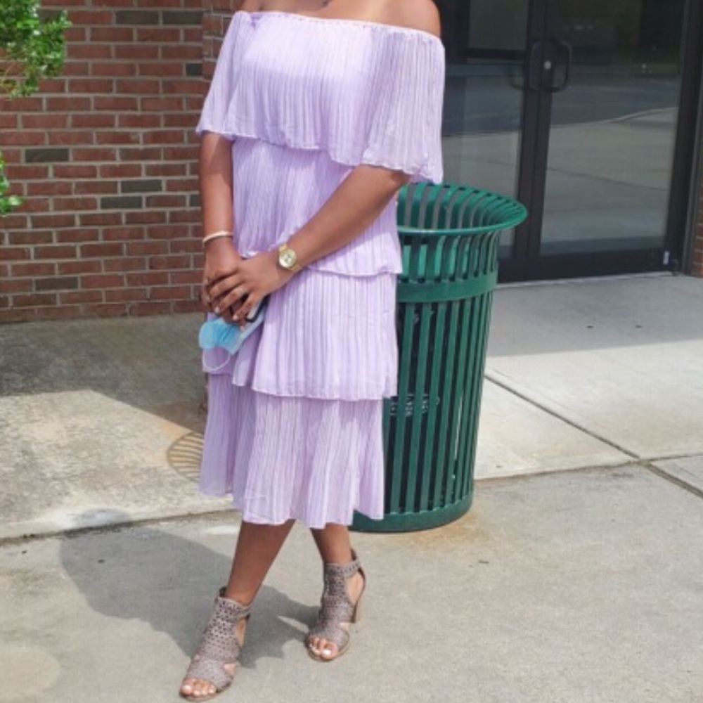 Purple ruffle layered off the shoulder dress